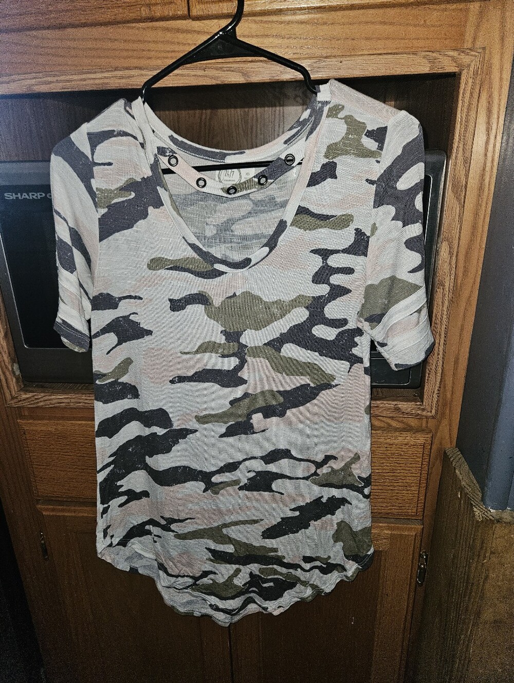 Maurices Camo V-Neck Short Sleeve Top - Olive/Gray/Black